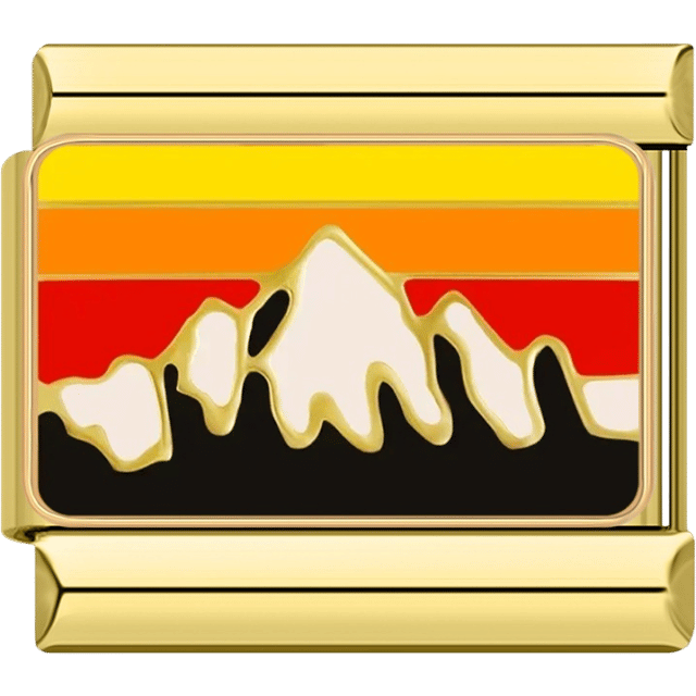 Gold rectangular Italian charm bracelet link featuring stylized mountain peaks with sunset-colored horizontal stripes in yellow, orange, and red.